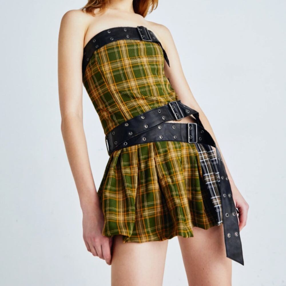JADED LONDON Kilt Mini Dress With Belts Plaid Green Yellow Sz 10 NWT {JJ21}